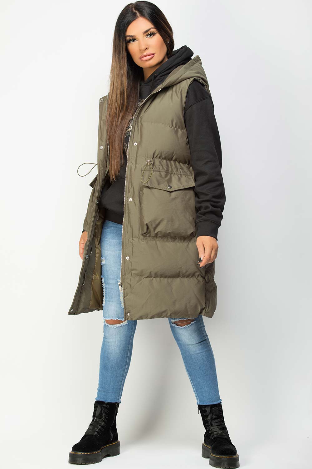 Khaki Padded Longline Gilet With Drawstring Waist