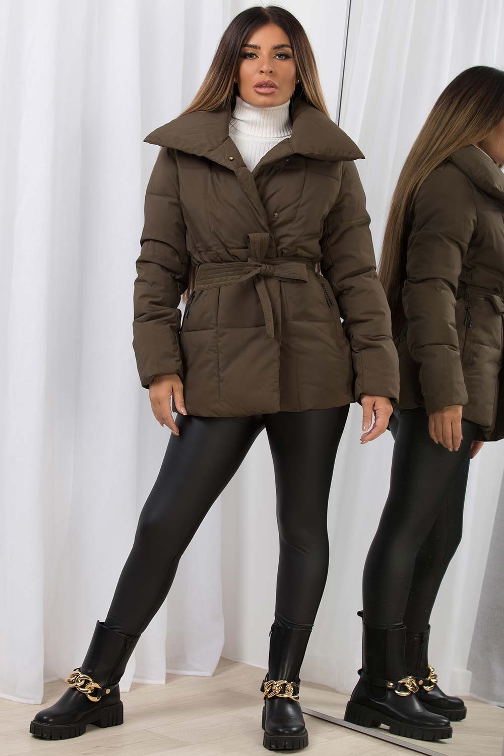 Duvet Padded Jacket With Belt Khaki