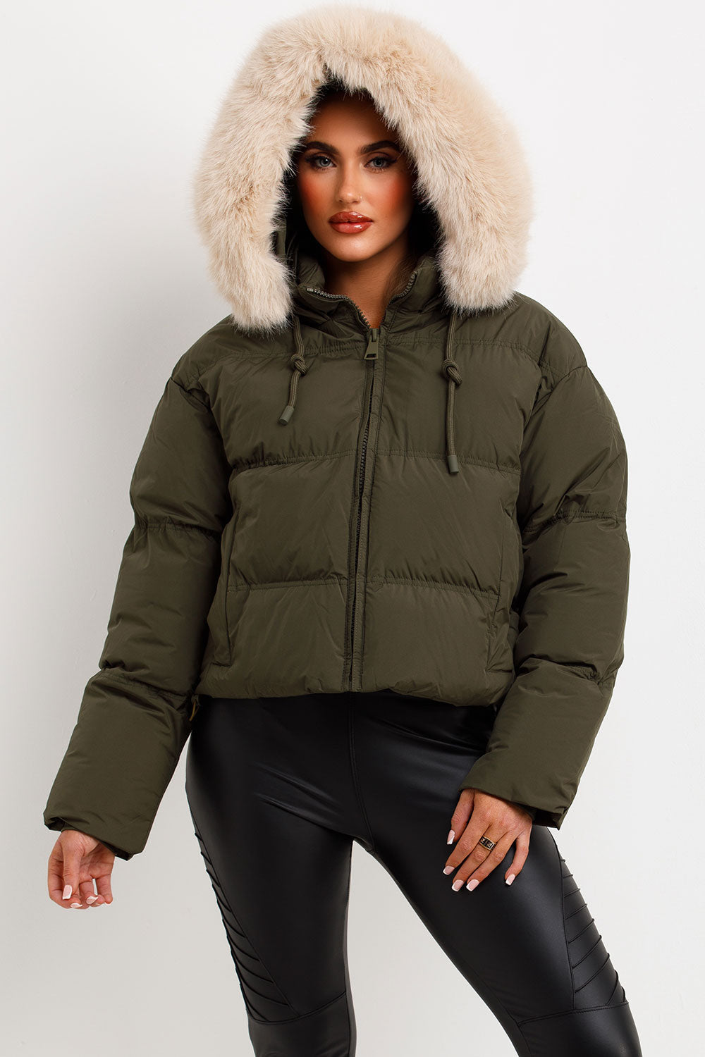 Puffer Jacket With Faux Fur Hood Khaki