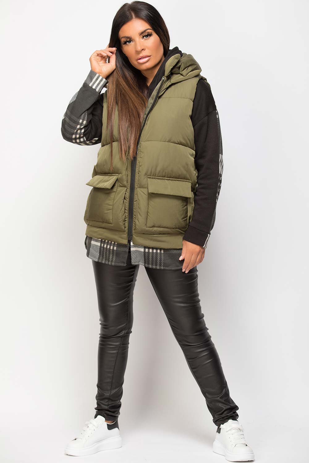 Padded Gilet With Belt And Detachable Hood Khaki