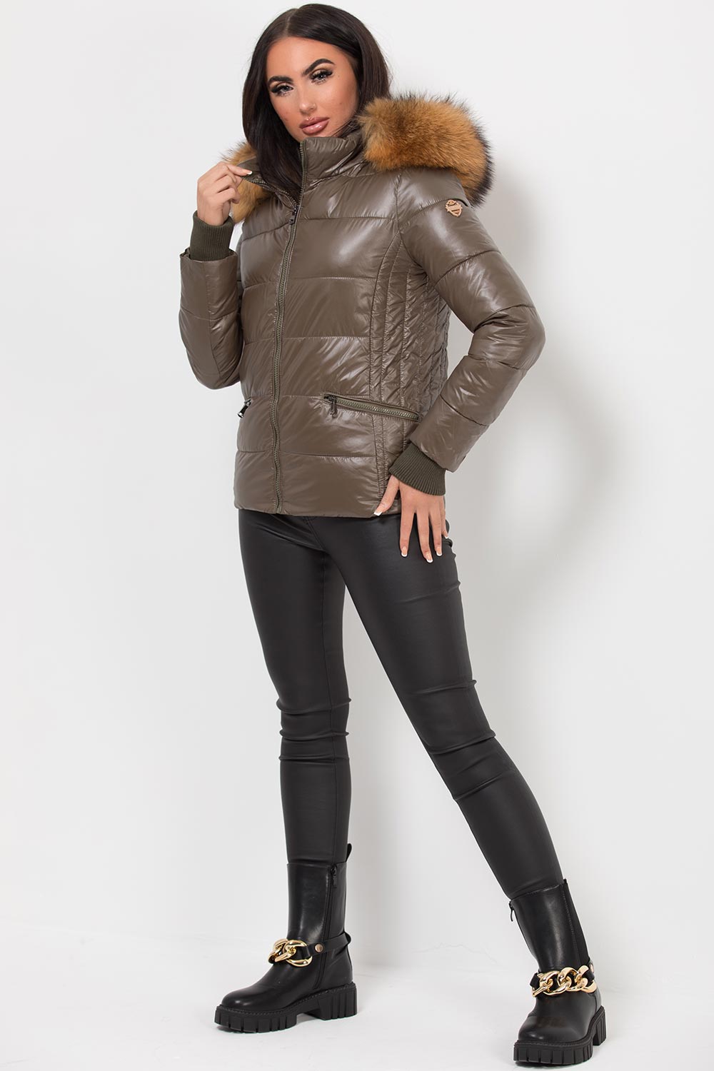 Puffer Jacket With Real Fur Hood Khaki