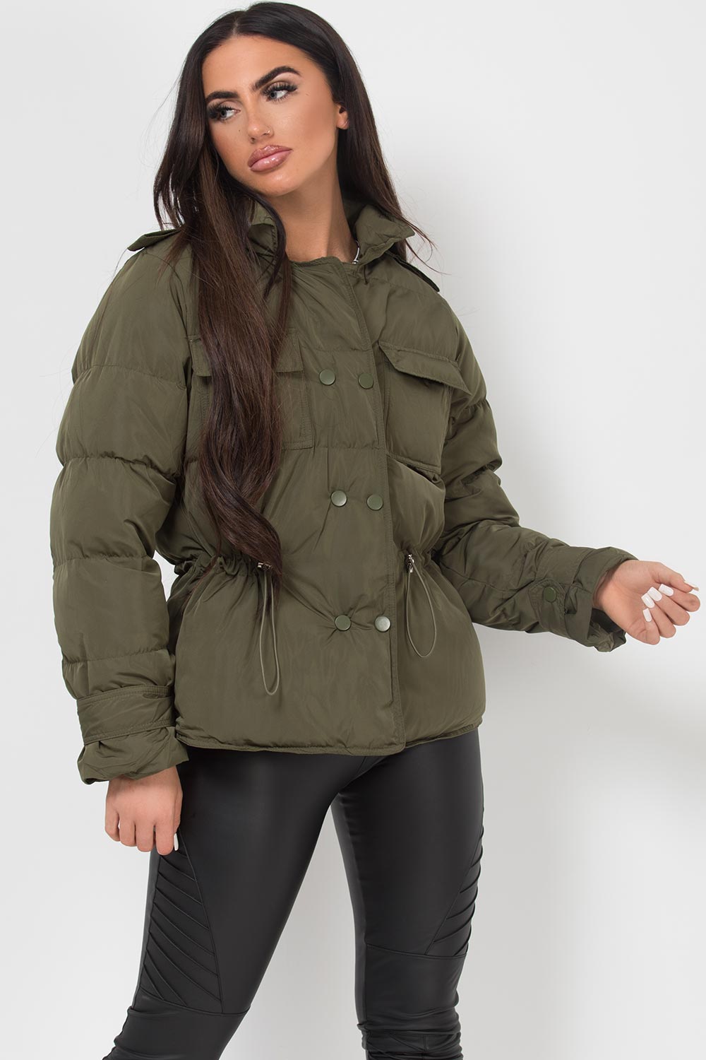 Puffer Jacket With Elasticated Drawstring Khaki