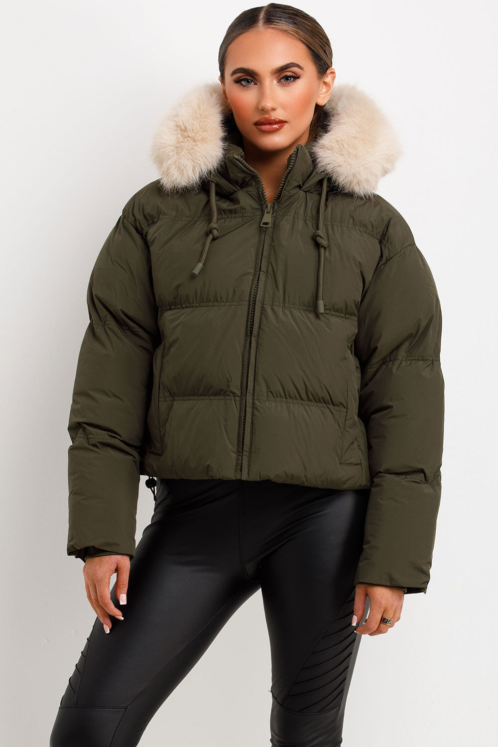 Puffer Jacket With Faux Fur Hood Khaki