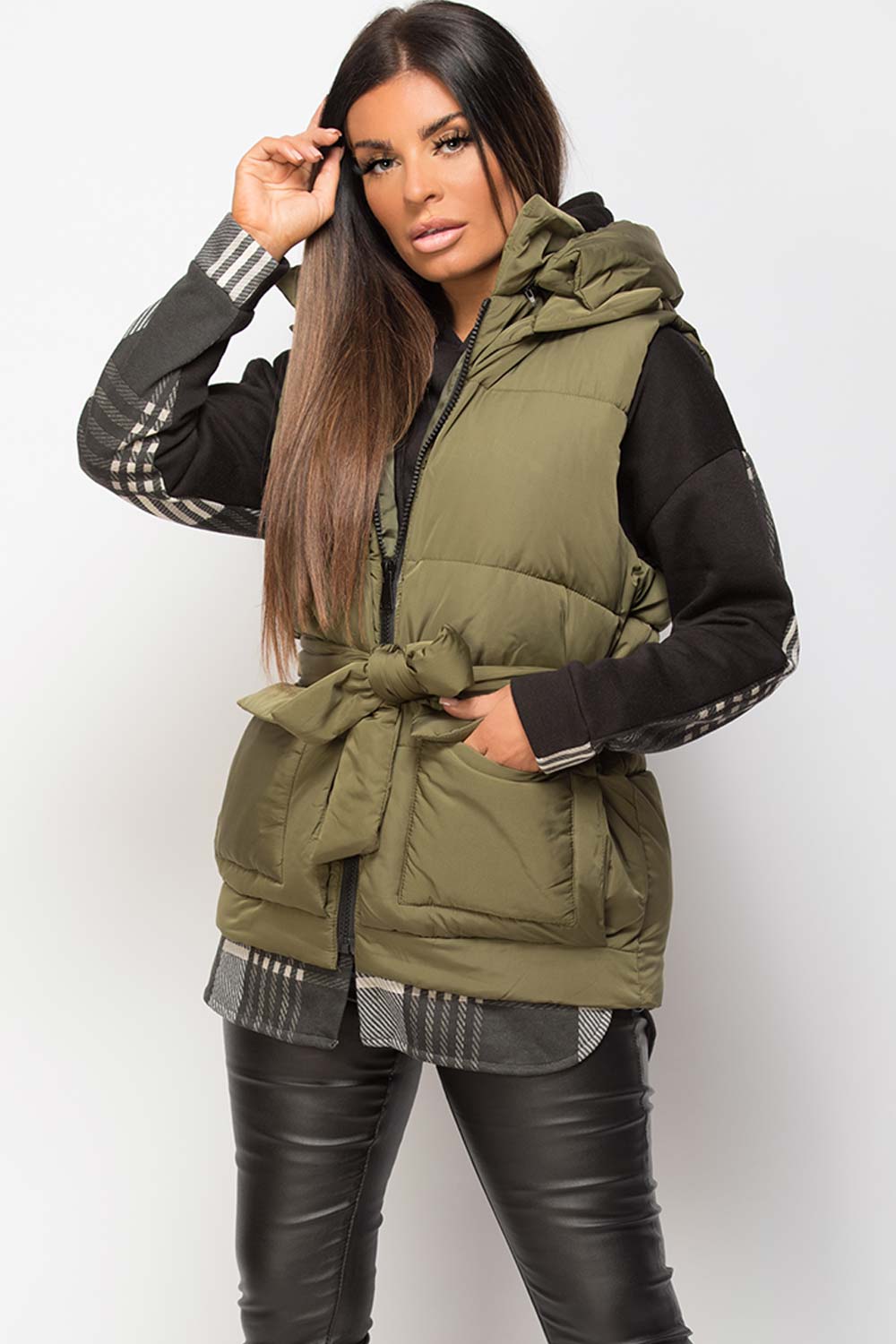 Padded Gilet With Belt And Detachable Hood Khaki