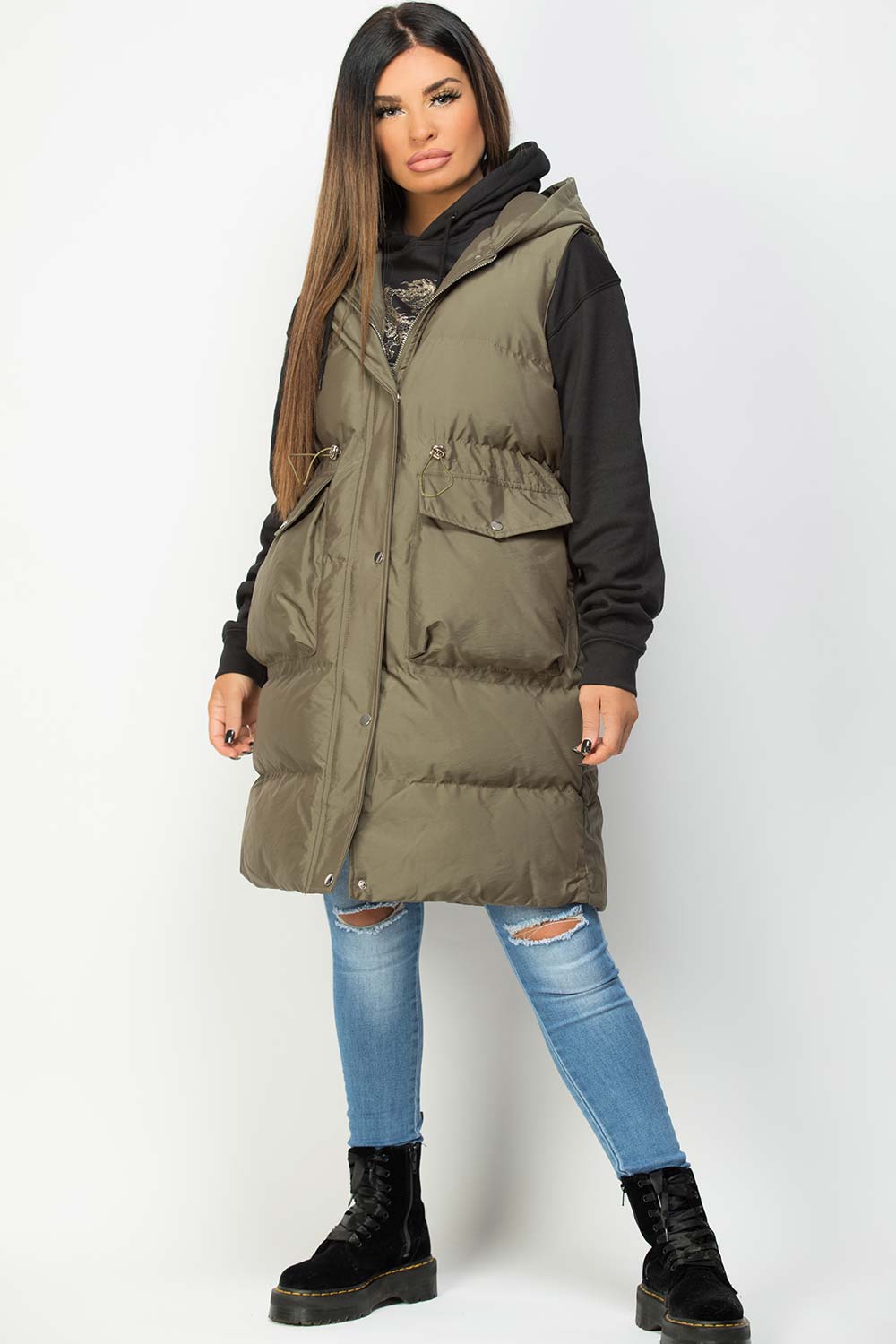 Khaki Padded Longline Gilet With Drawstring Waist