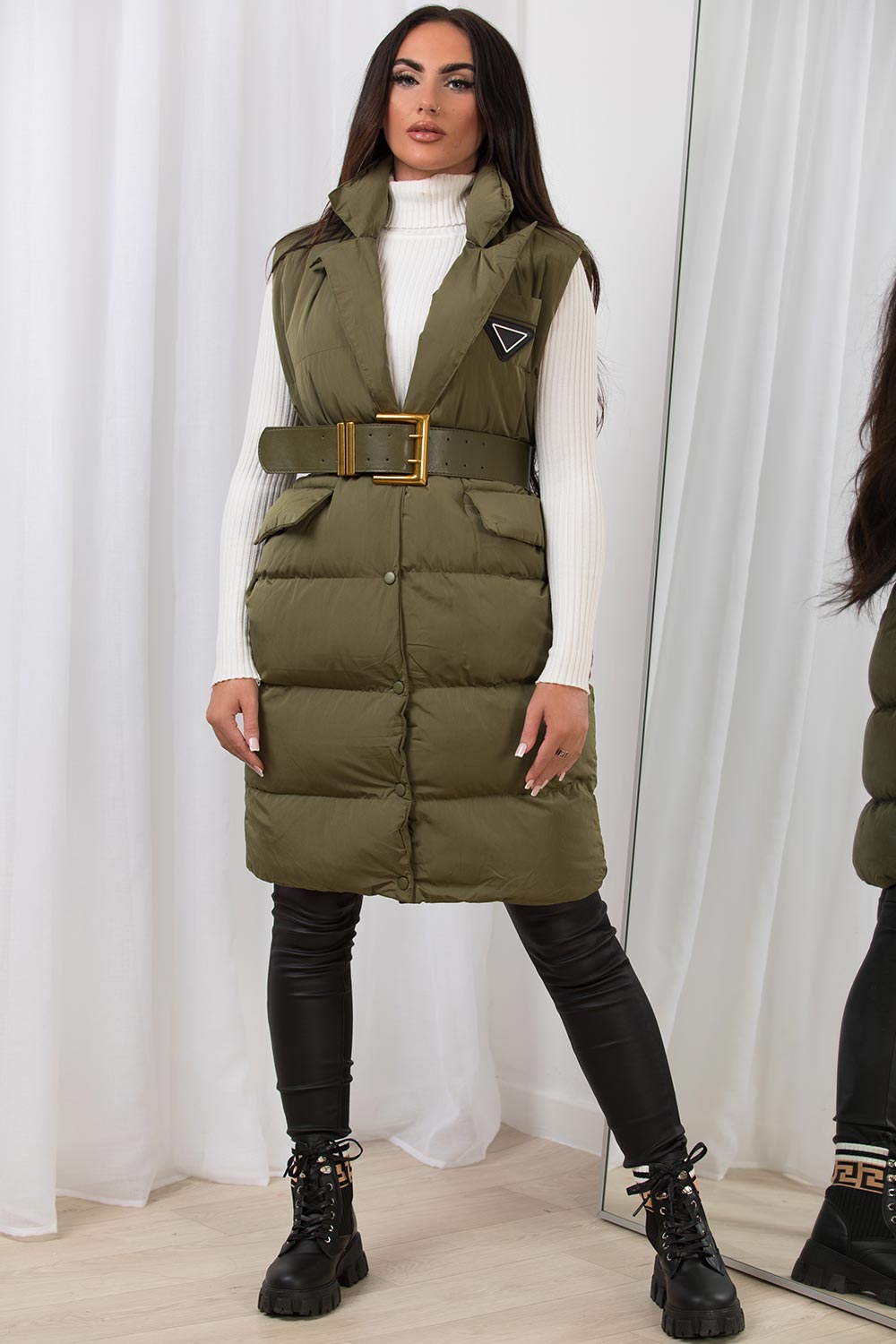 Khaki Long Puffer Gilet With Lapel Collar & Belt