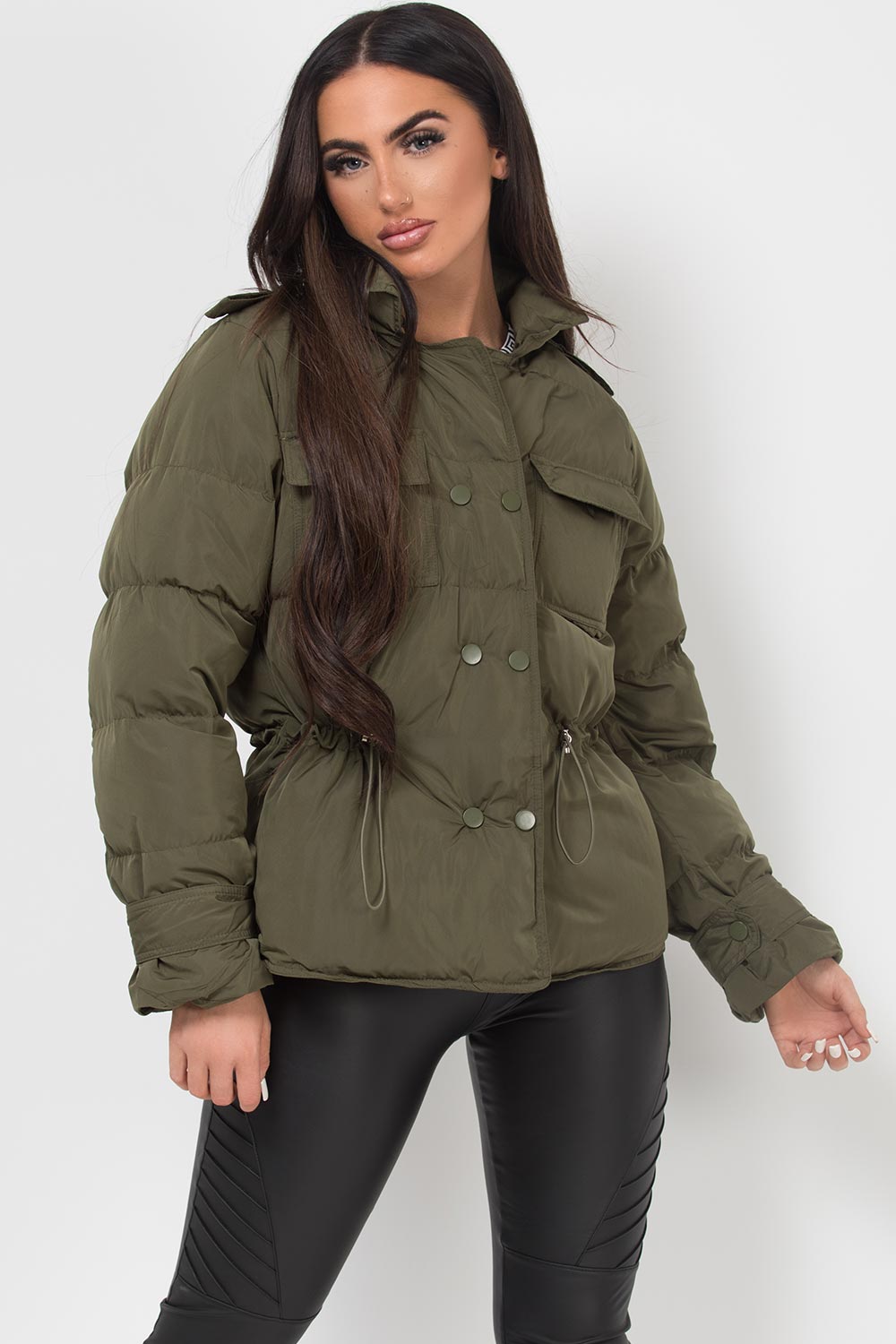 Puffer Jacket With Elasticated Drawstring Khaki