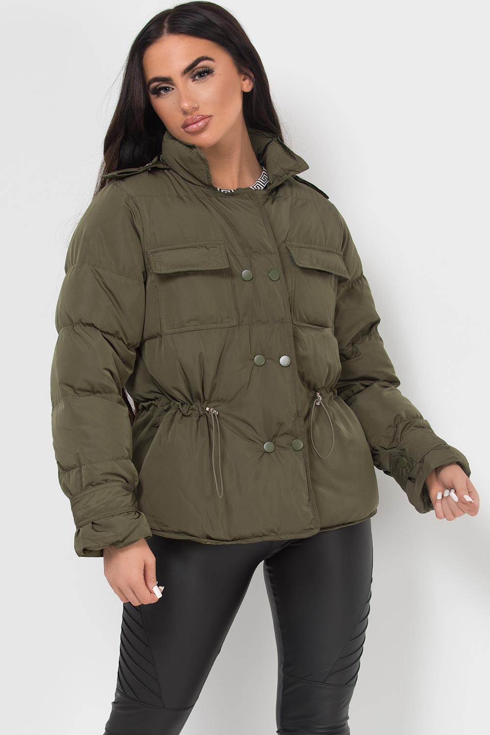 Puffer Jacket With Elasticated Drawstring Khaki