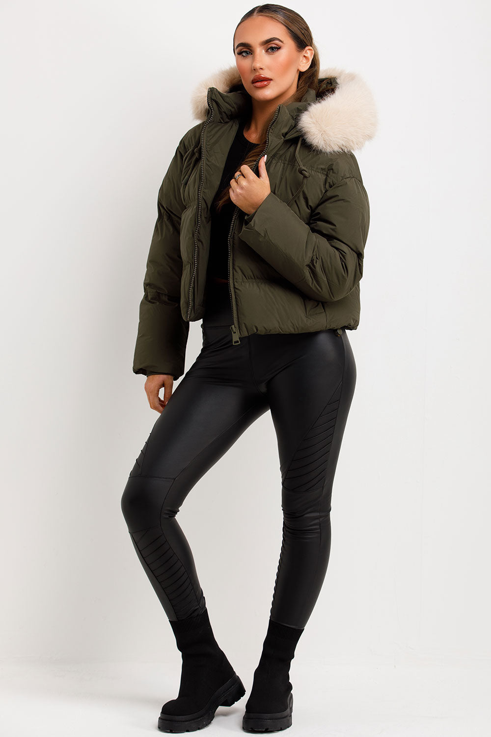 Puffer Jacket With Faux Fur Hood Khaki