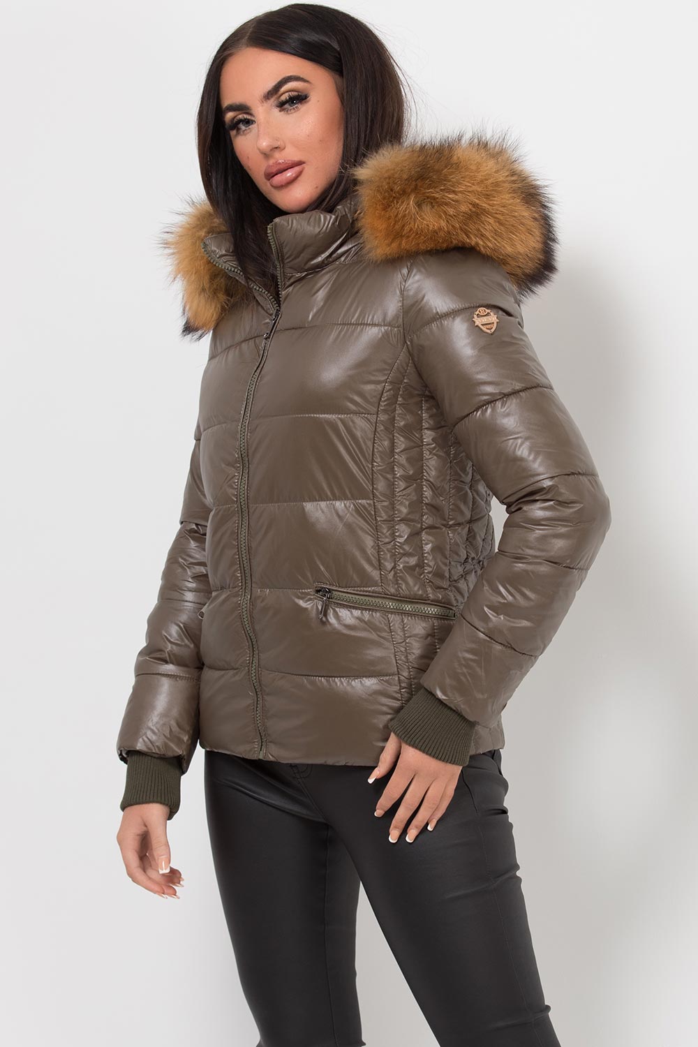 Puffer Jacket With Real Fur Hood Khaki