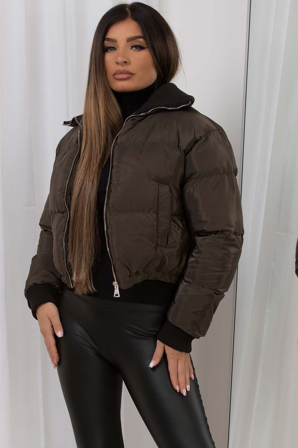 Cropped Puffer Jacket With Rib Collar Khaki