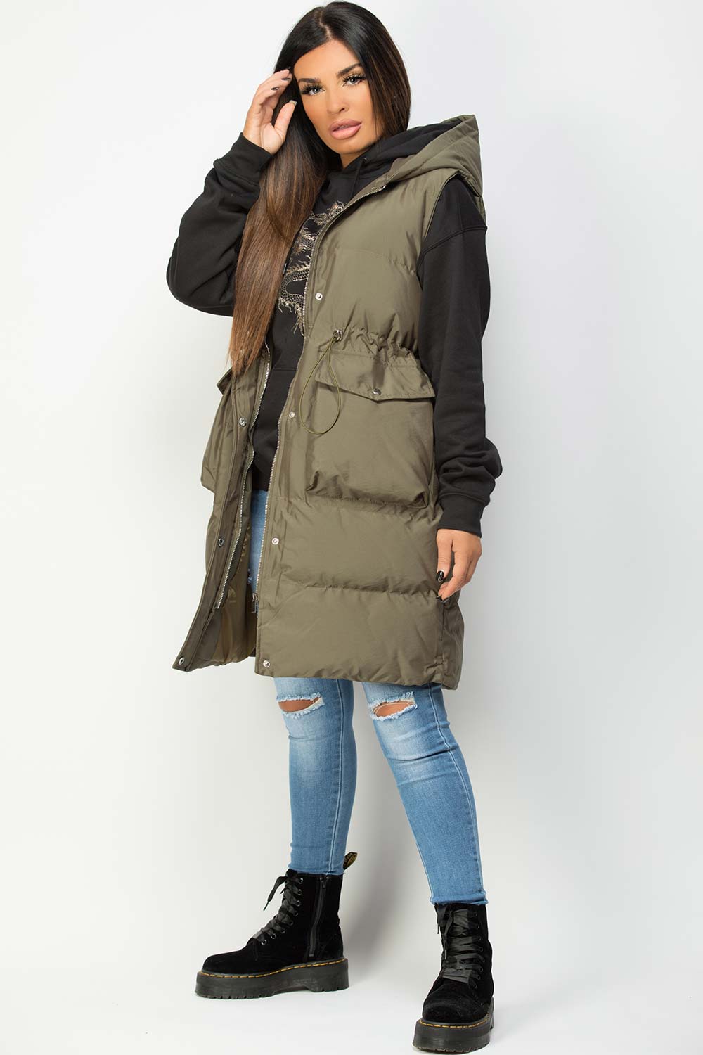 Khaki Padded Longline Gilet With Drawstring Waist