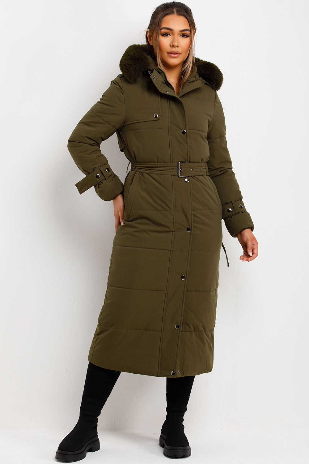 Long Puffer Trench Coat With Belt And Faux Fur Hood Khaki