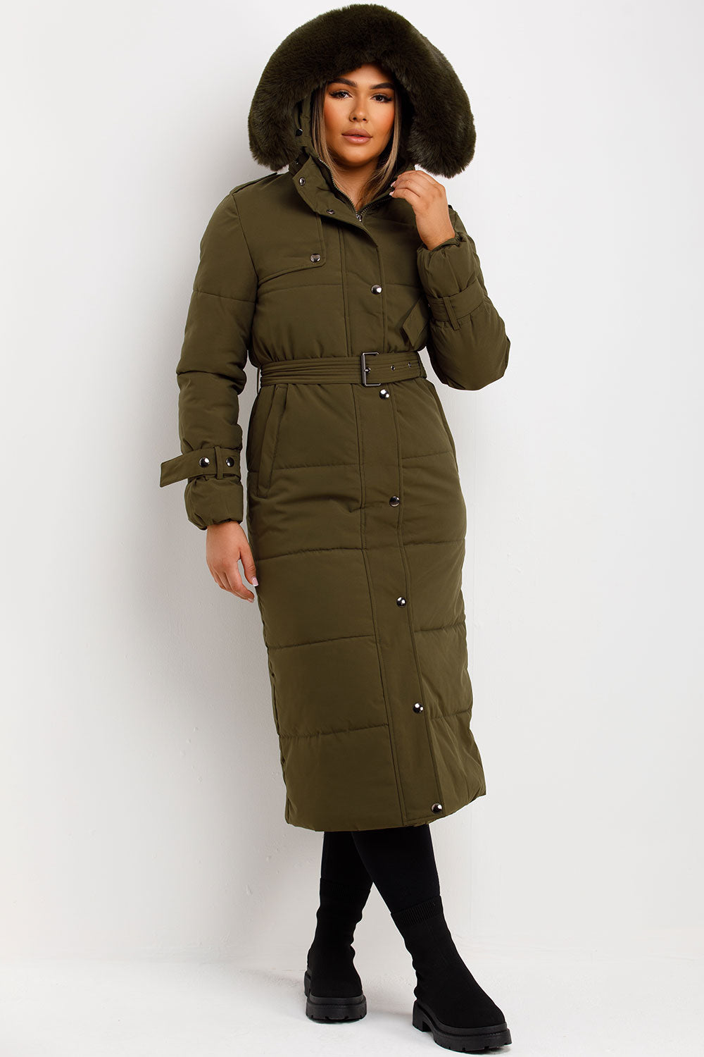 Long Puffer Trench Coat With Belt And Faux Fur Hood Khaki