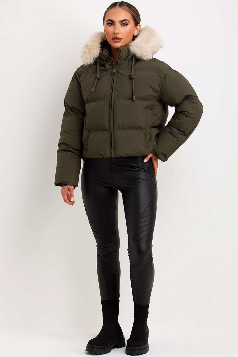 Puffer Jacket With Faux Fur Hood Khaki