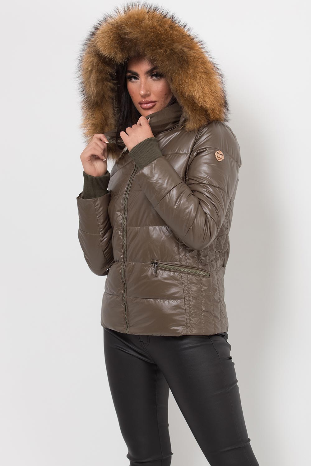 Puffer Jacket With Real Fur Hood Khaki