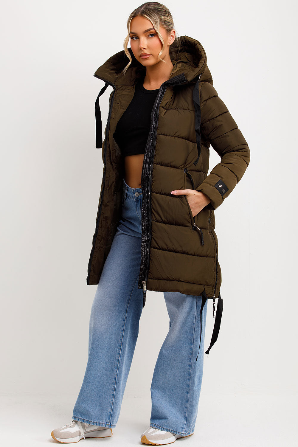 Long Puffer Coat With Hood And Side Straps Khaki