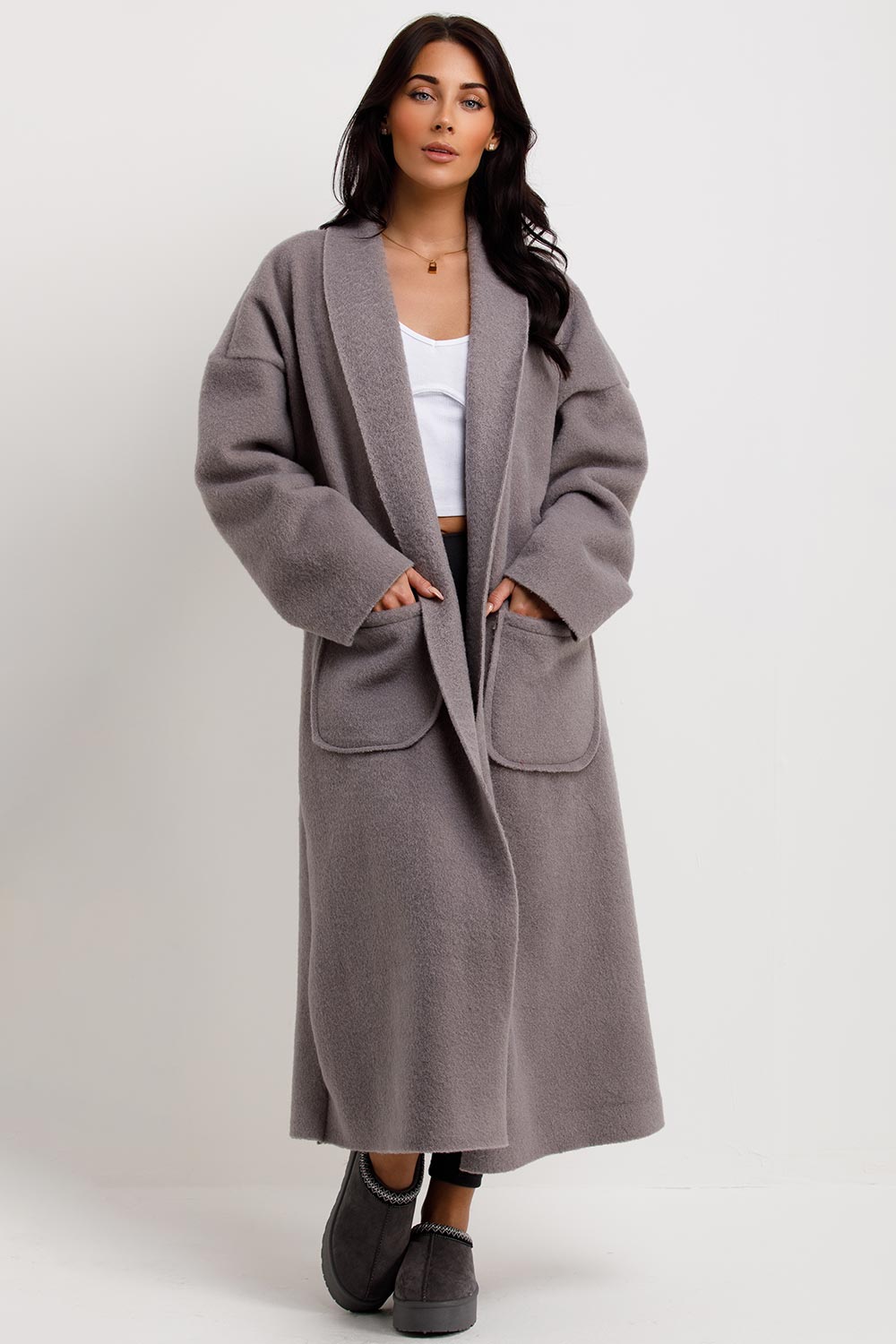 Longline Oversized Wool Look Coat With Pockets Grey