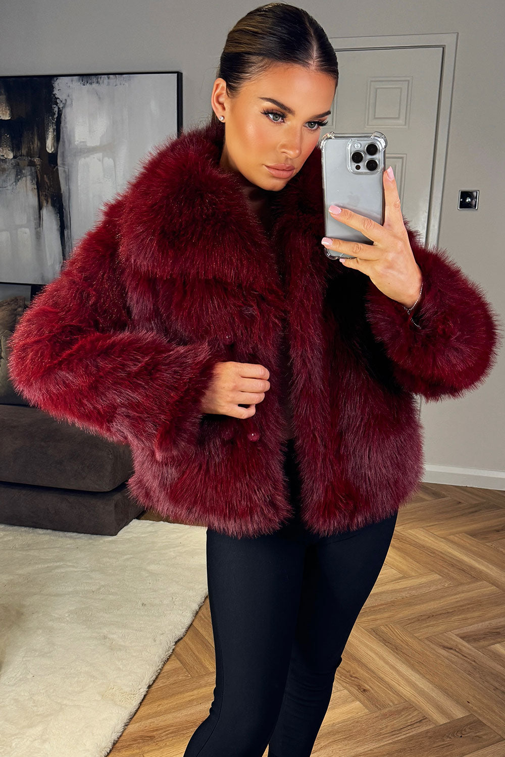 Burgundy Faux Fur Short Plush Jacket