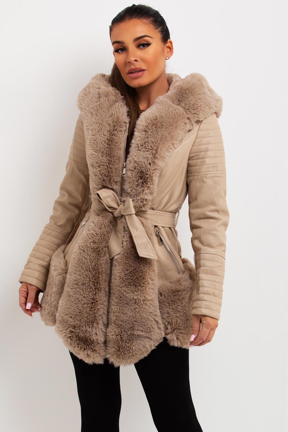 Faux Leather Jacket With Faux Fur Panels Beige