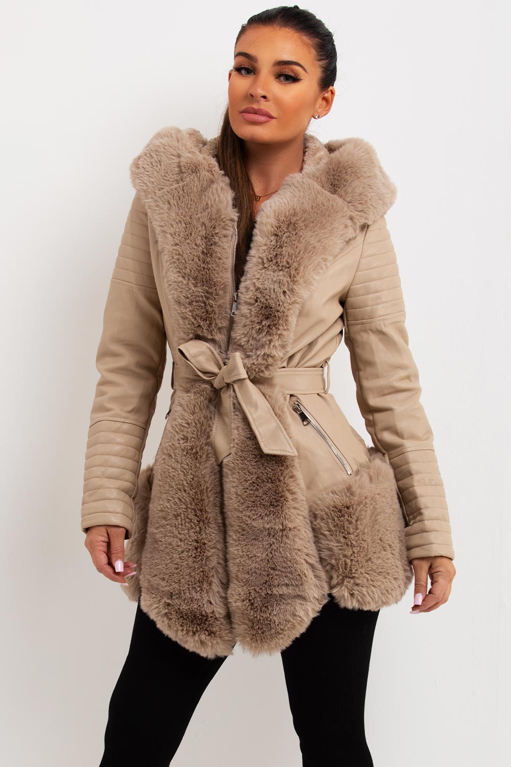 Faux Leather Jacket With Faux Fur Panels Beige