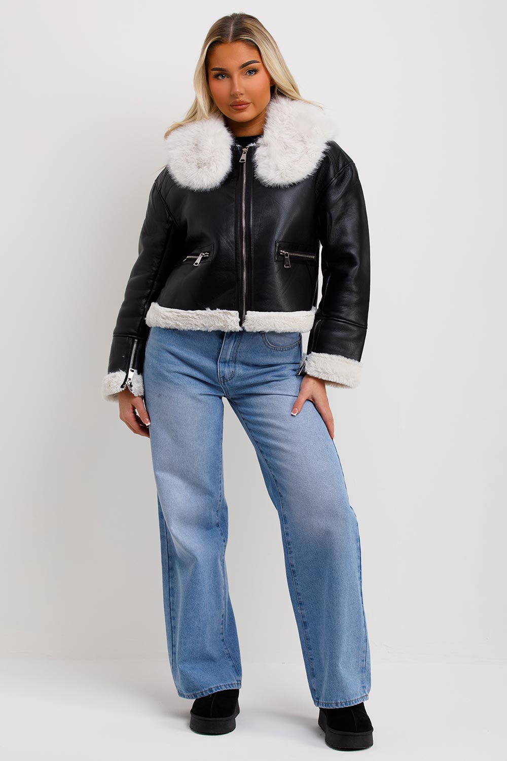 Crop Aviator Jacket With Fur Collar Black