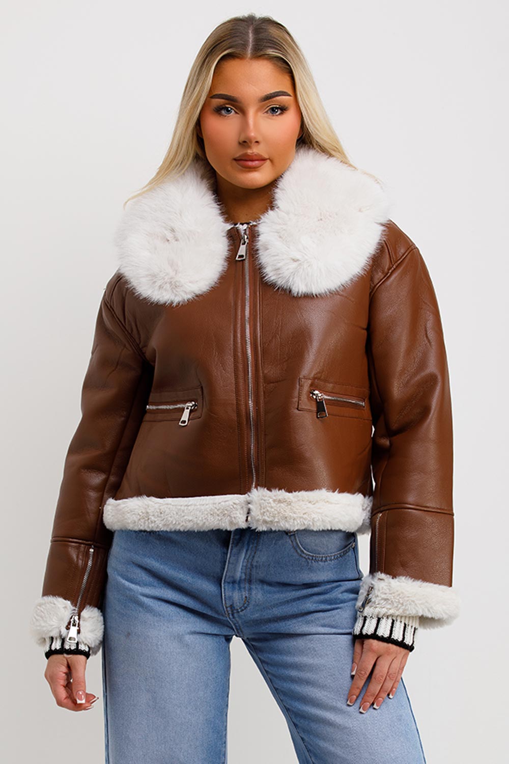 Crop Aviator Jacket With Fur Collar Brown