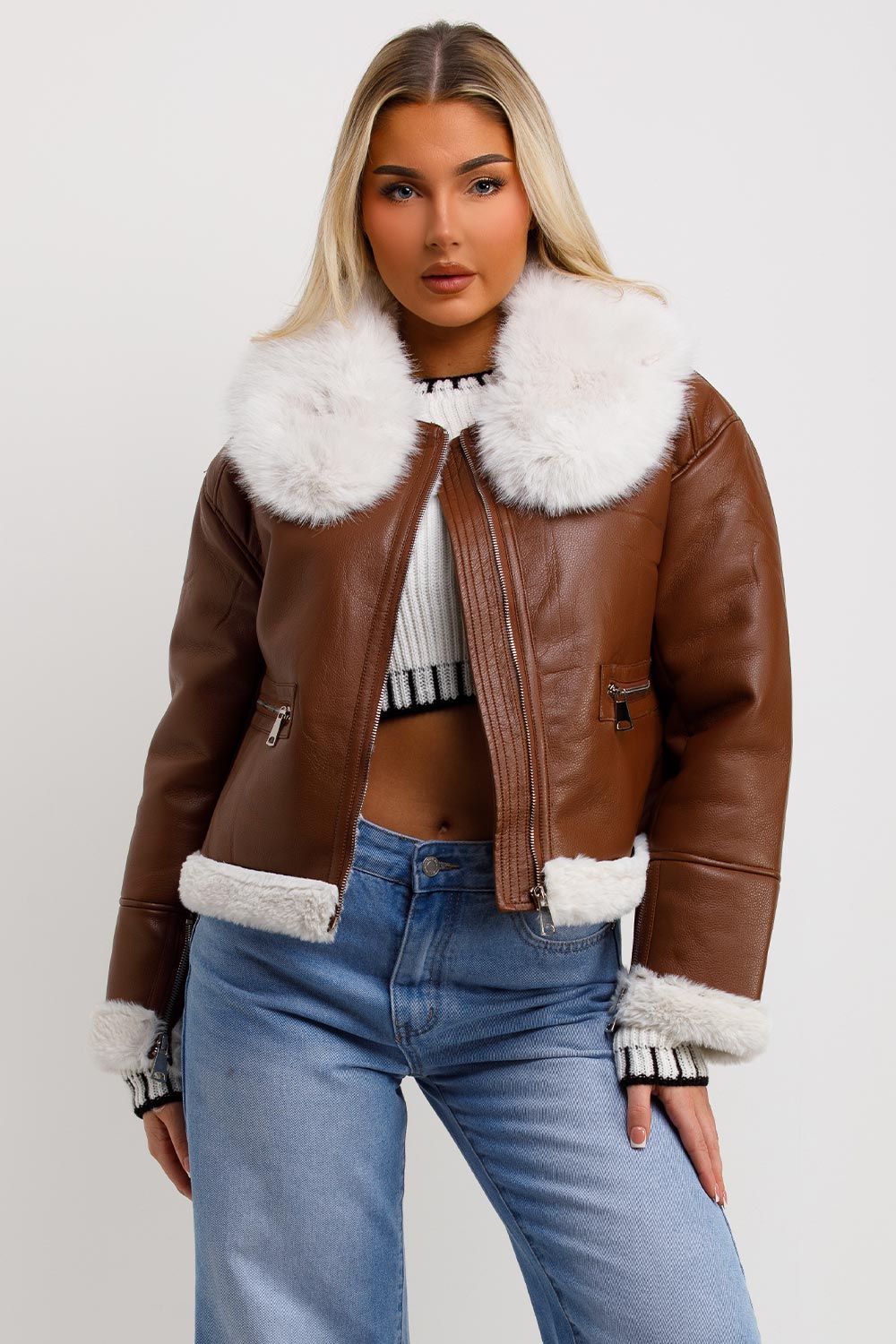 Crop Aviator Jacket With Fur Collar Brown