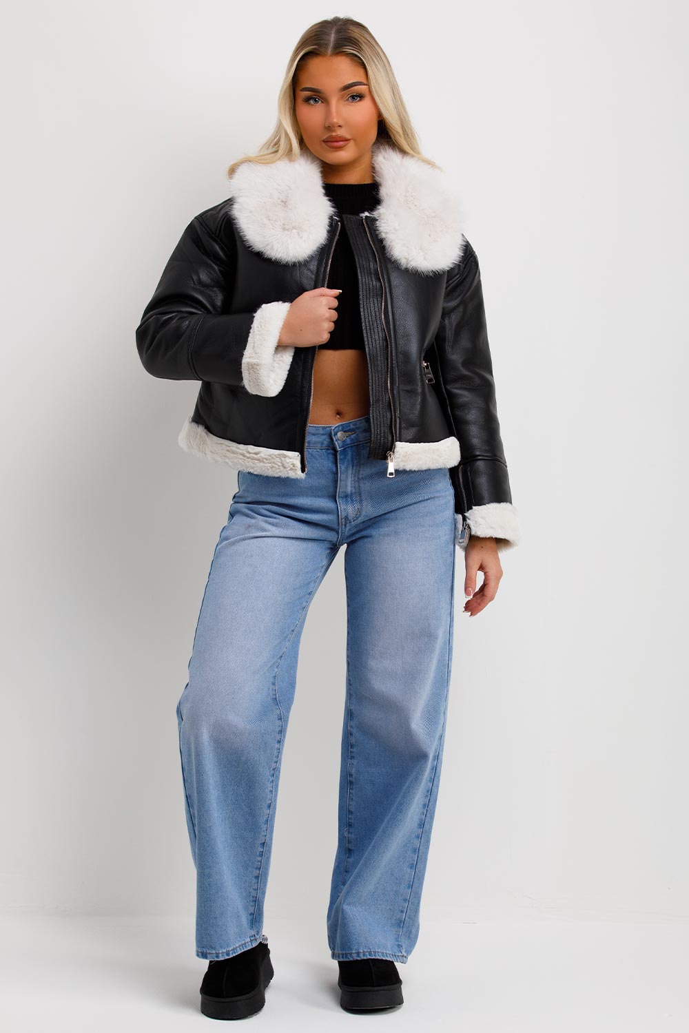 Crop Aviator Jacket With Fur Collar Black