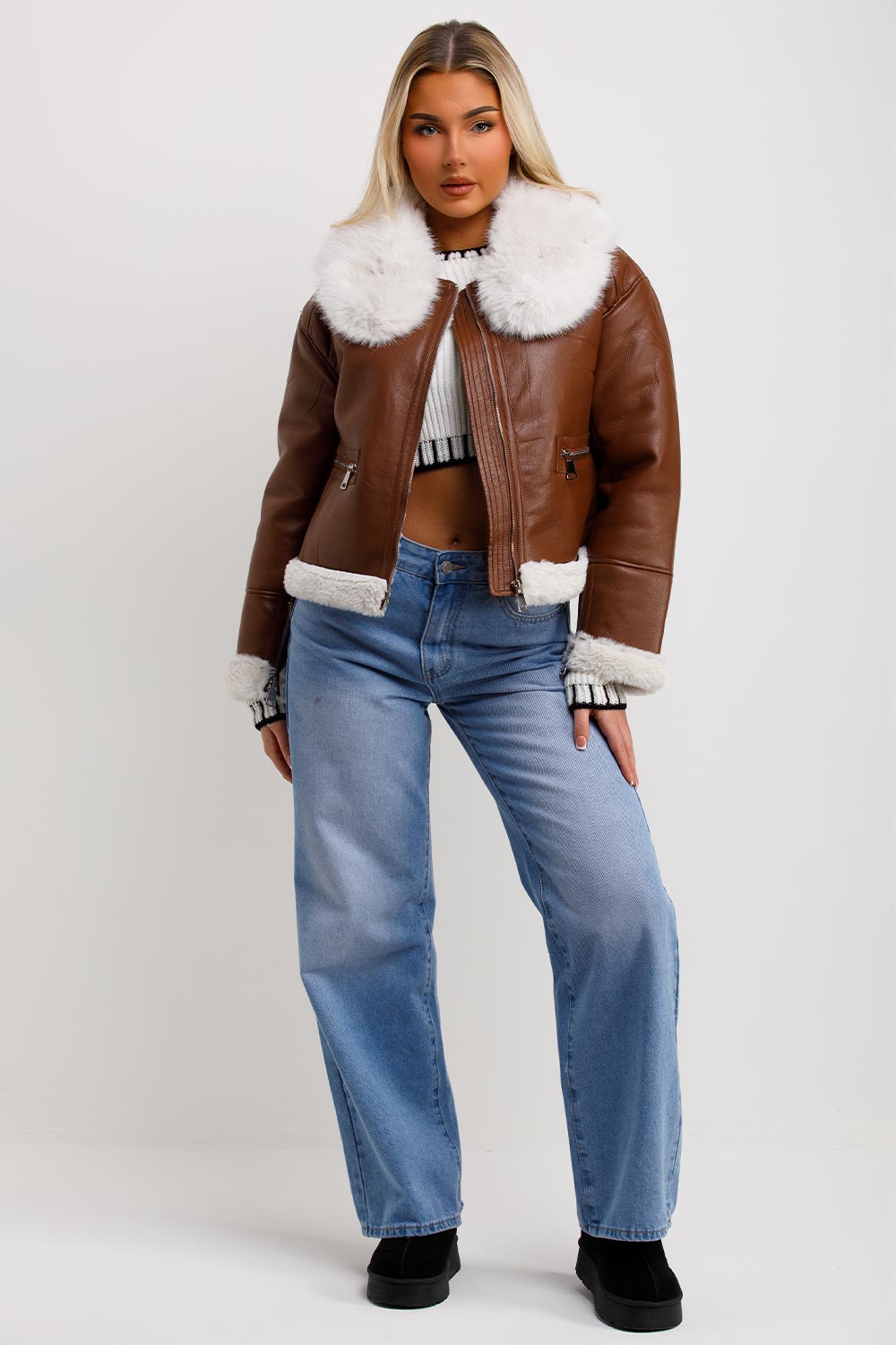 Crop Aviator Jacket With Fur Collar Brown