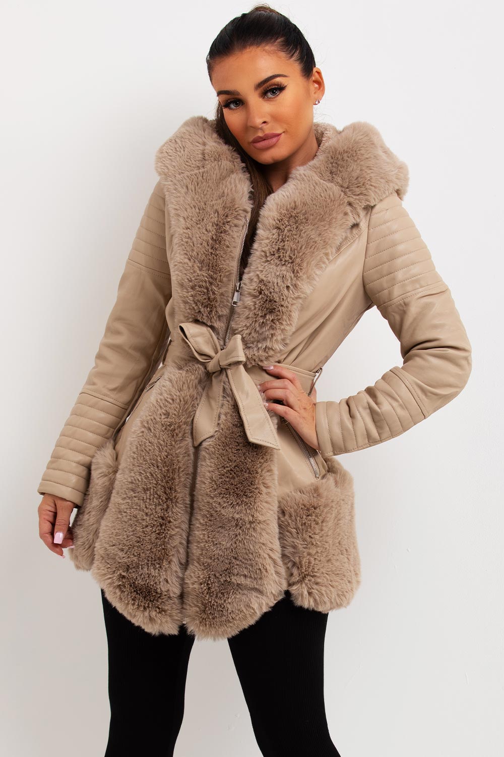 Faux Leather Jacket With Faux Fur Panels Beige