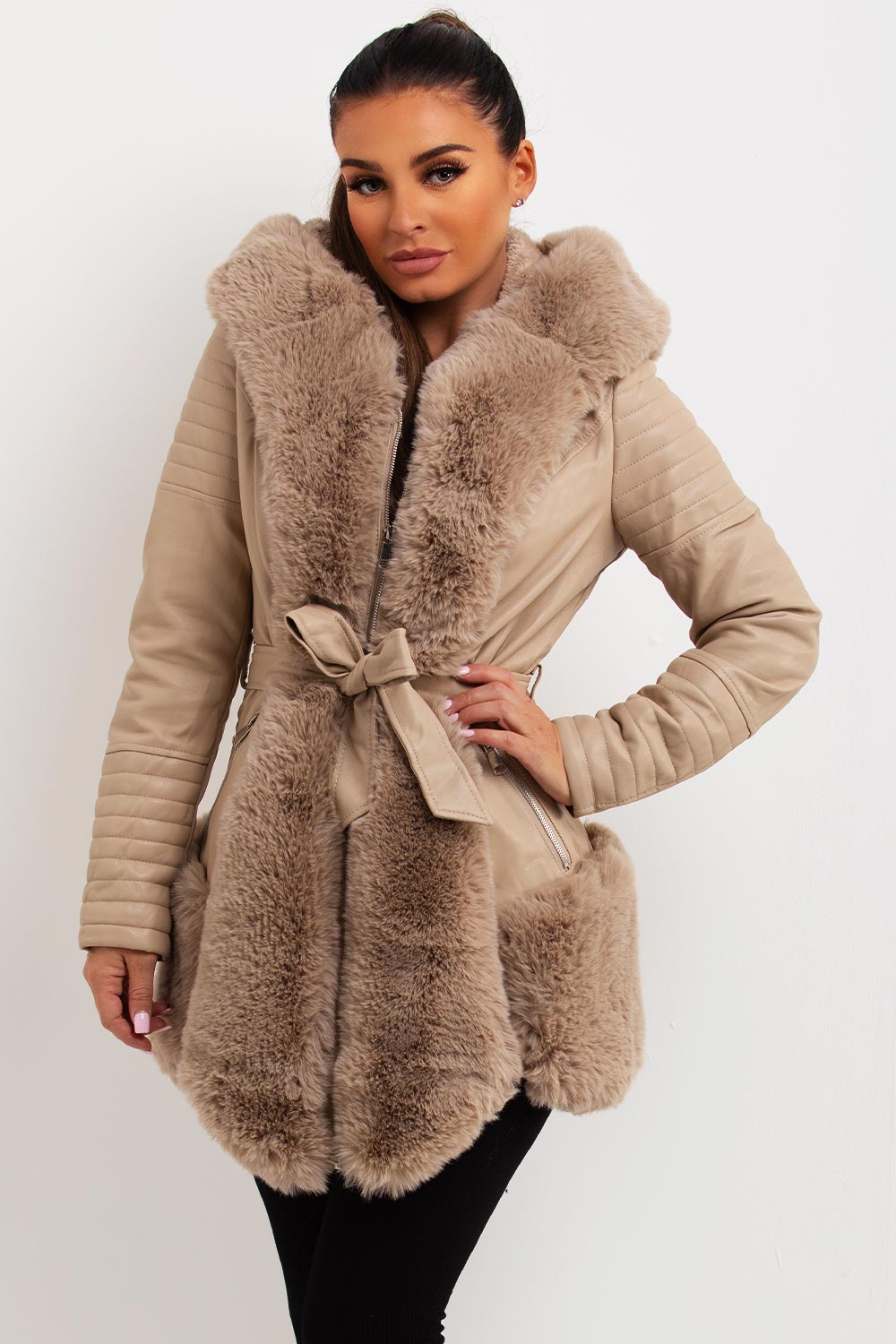 Faux Leather Jacket With Faux Fur Panels Beige