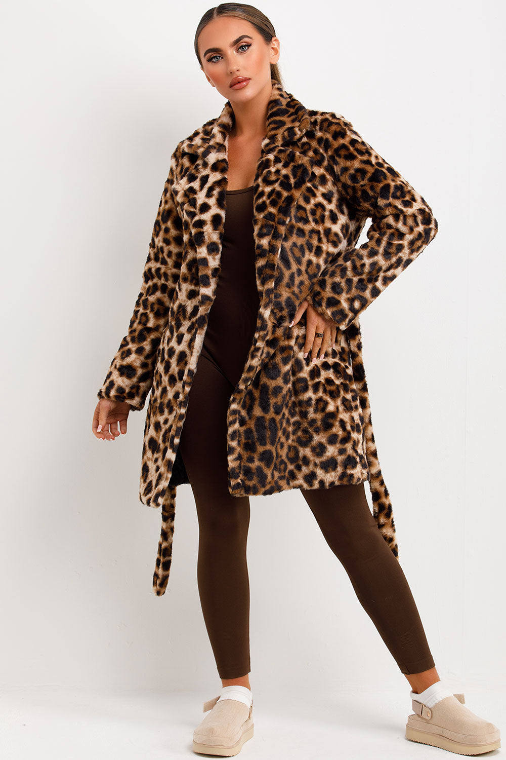 Leopard Print Faux Fur Coat With Belt And Lapel Collar