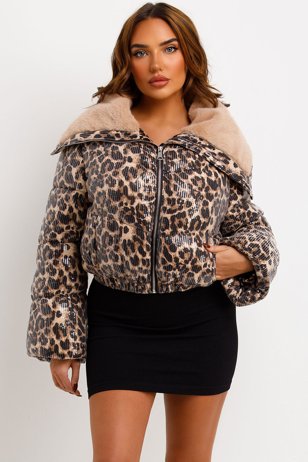 Faux Fur Collar Leopard Print Puffer Jacket With Sequin Detail