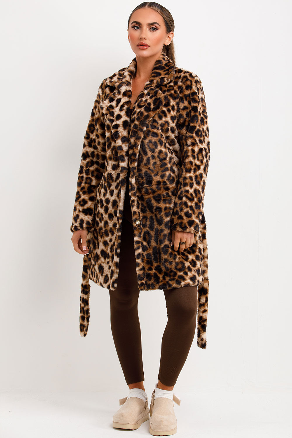 Leopard Print Faux Fur Coat With Belt And Lapel Collar