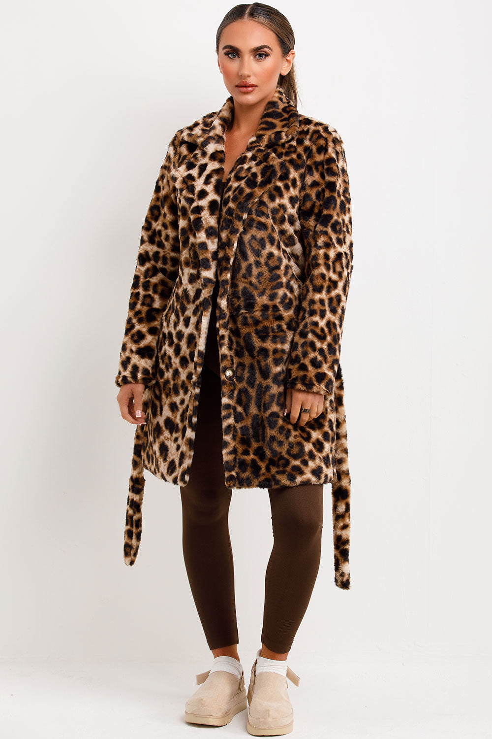 Leopard Print Faux Fur Coat With Belt And Lapel Collar