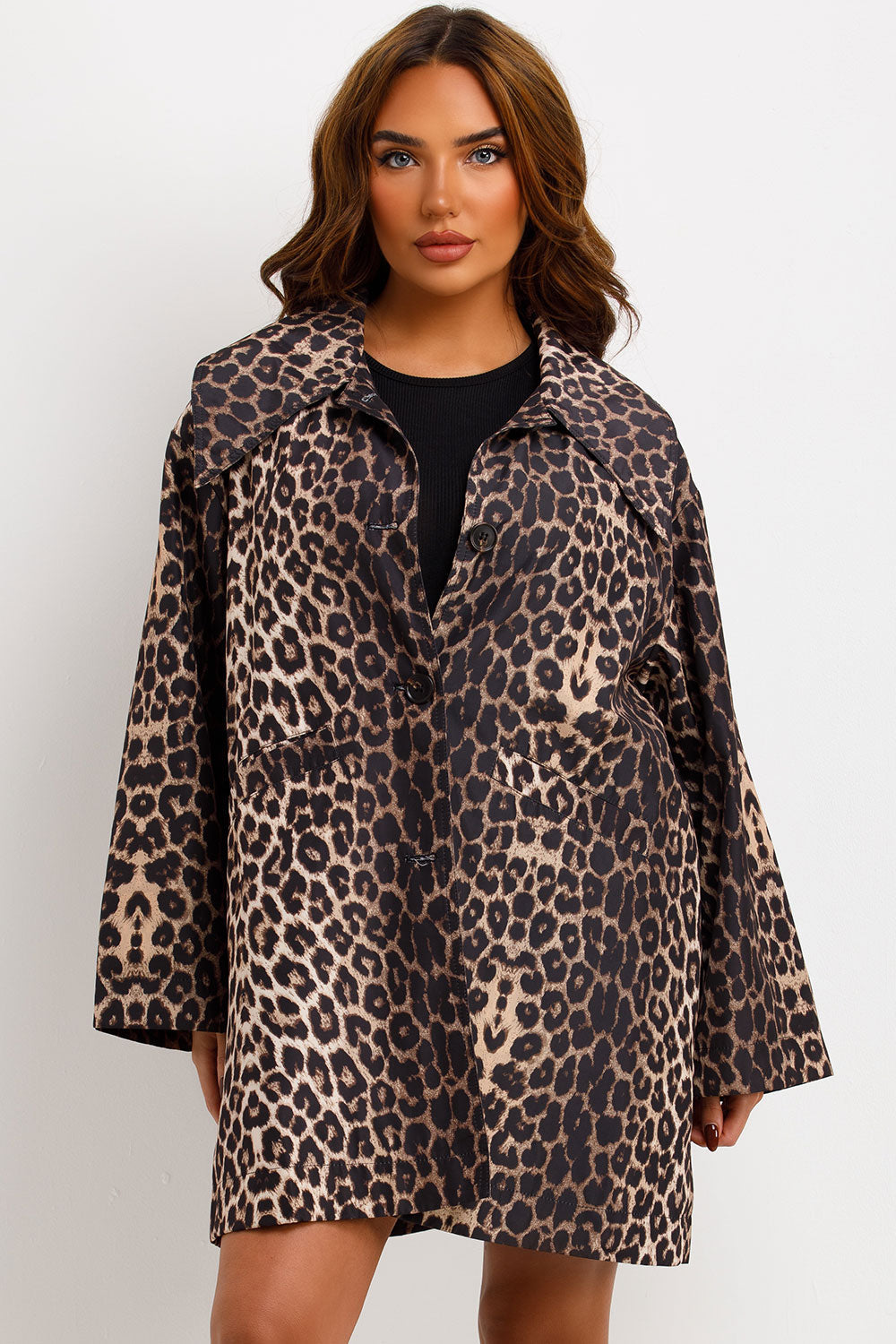 Oversized Leopard Print Woven Coat