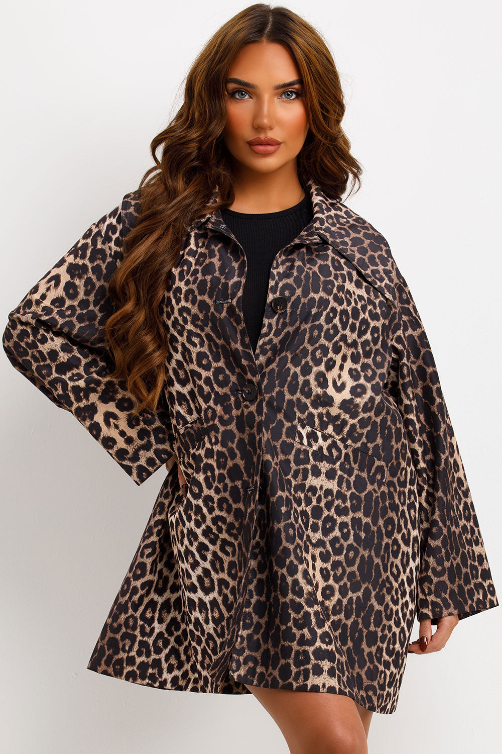 Oversized Leopard Print Woven Coat