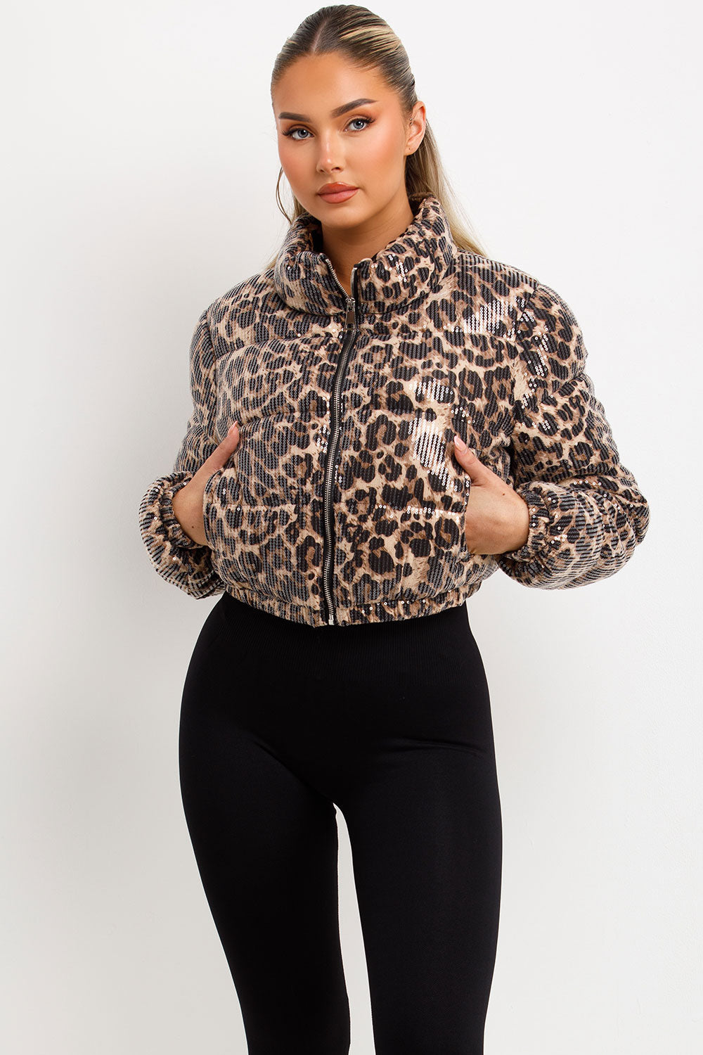 Leopard Print Crop Puffer Jacket Sequin Detail