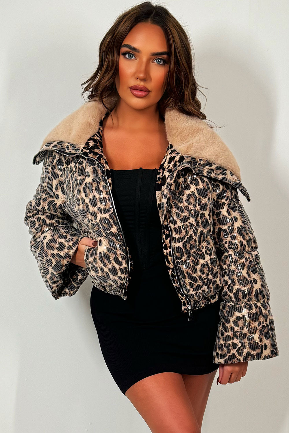 Faux Fur Collar Leopard Print Puffer Jacket With Sequin Detail