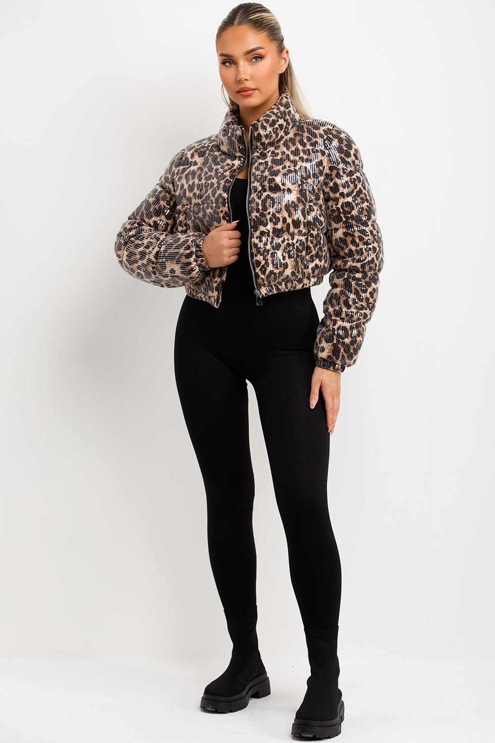 Leopard Print Crop Puffer Jacket Sequin Detail