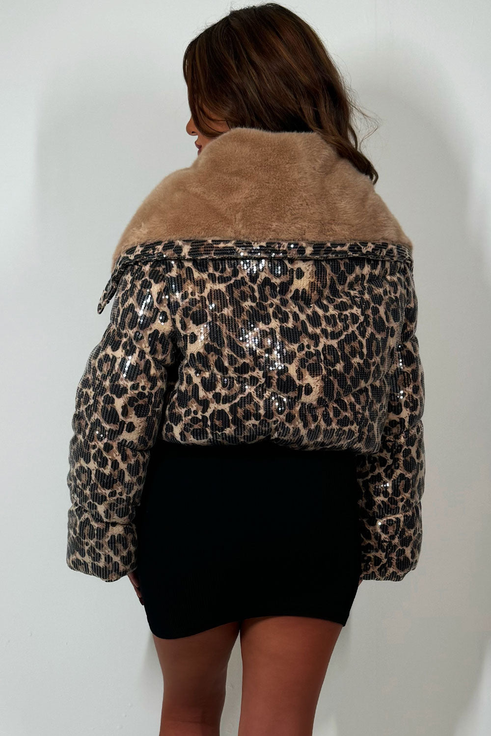 Faux Fur Collar Leopard Print Puffer Jacket With Sequin Detail