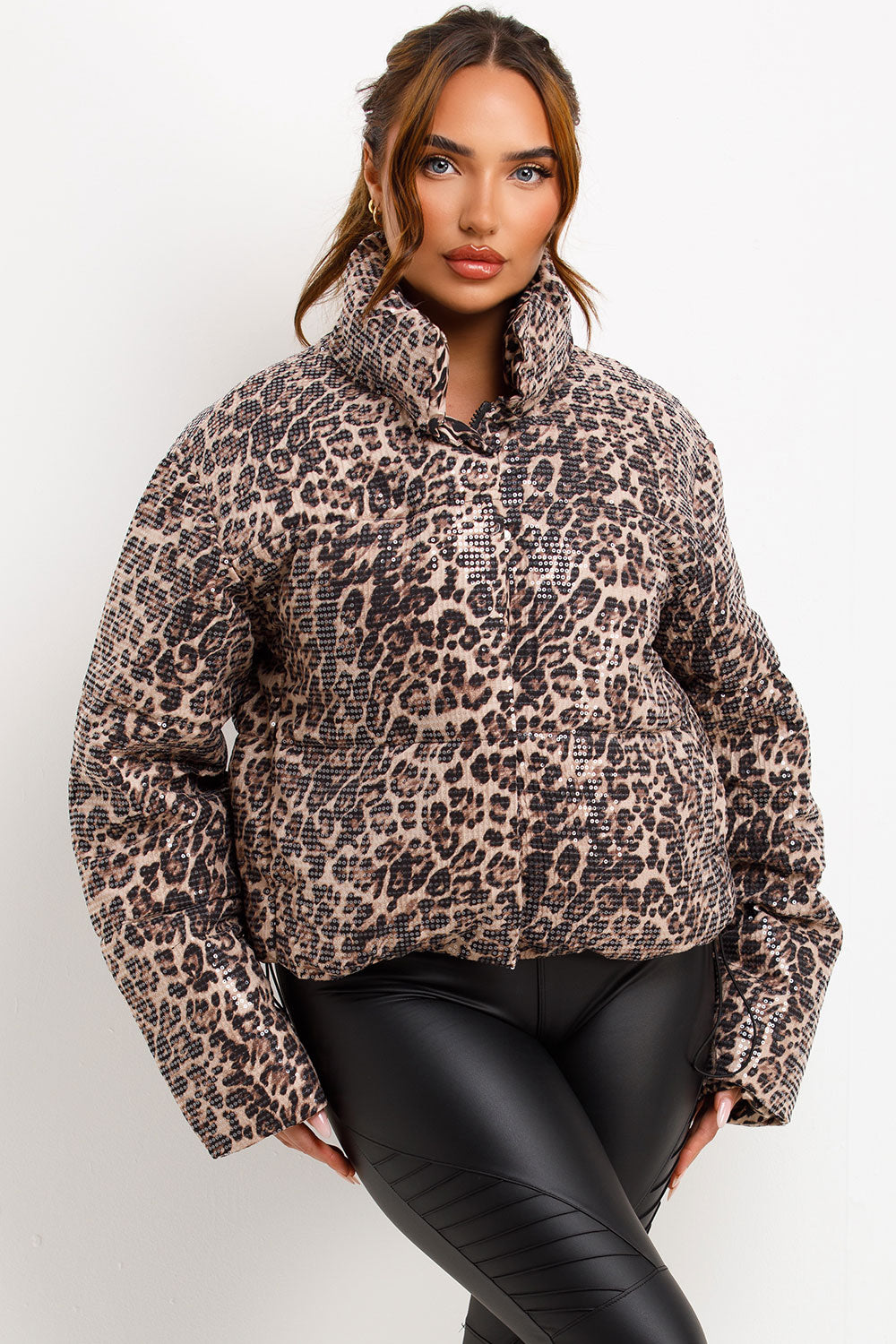 Leopard Print Sequin Puffer Padded Jacket