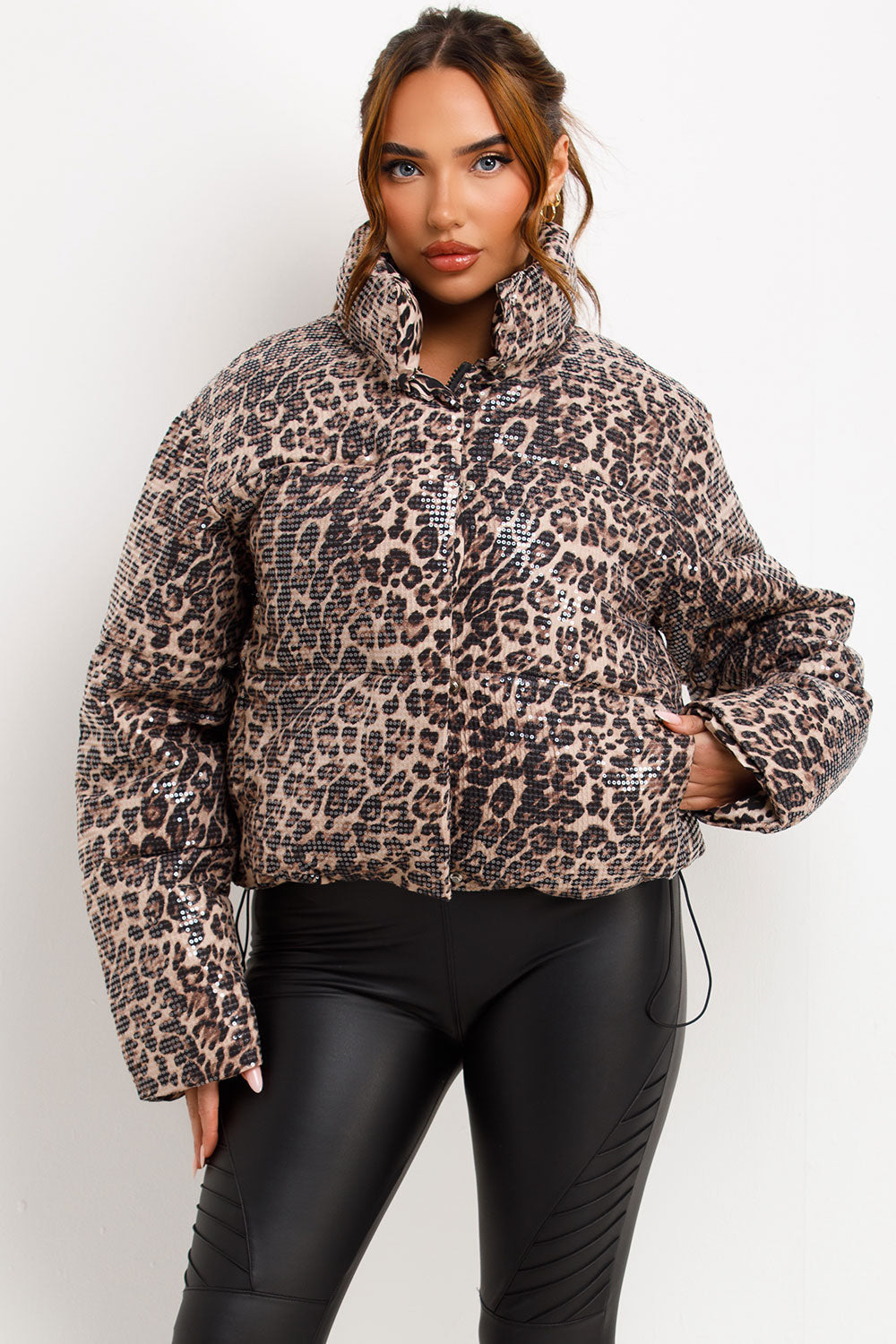 Leopard Print Sequin Puffer Padded Jacket