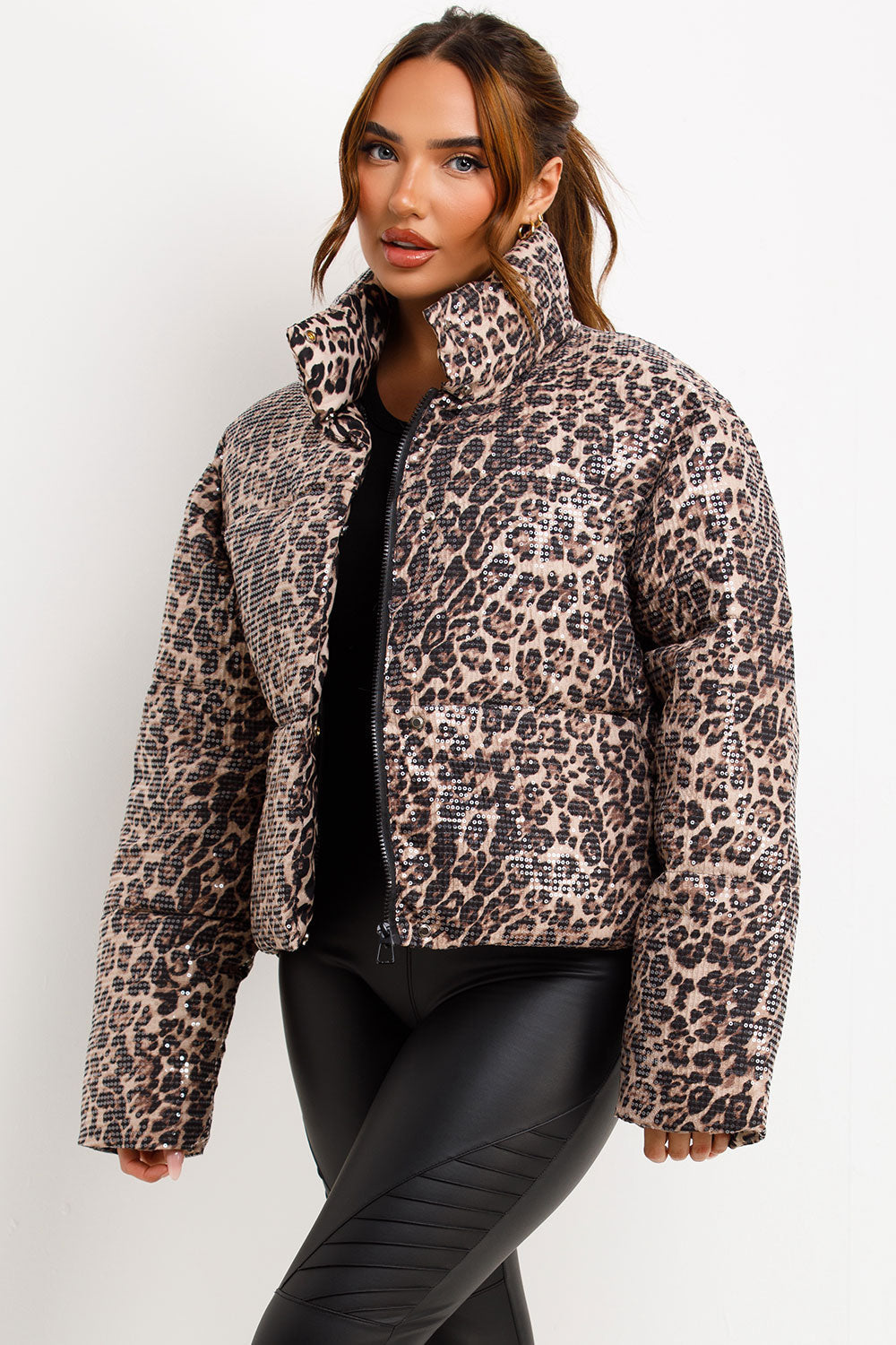 Leopard Print Sequin Puffer Padded Jacket