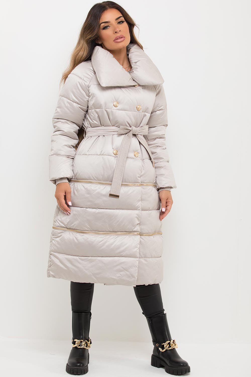 Beige Longline Puffer Coat With Gold Buttons