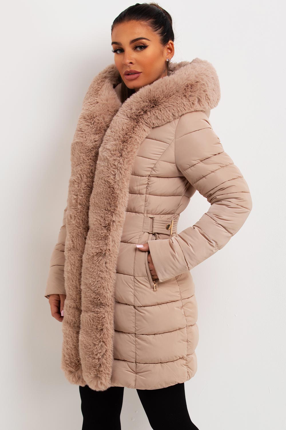 Puffer Padded Coat With Faux Fur Hood Beige