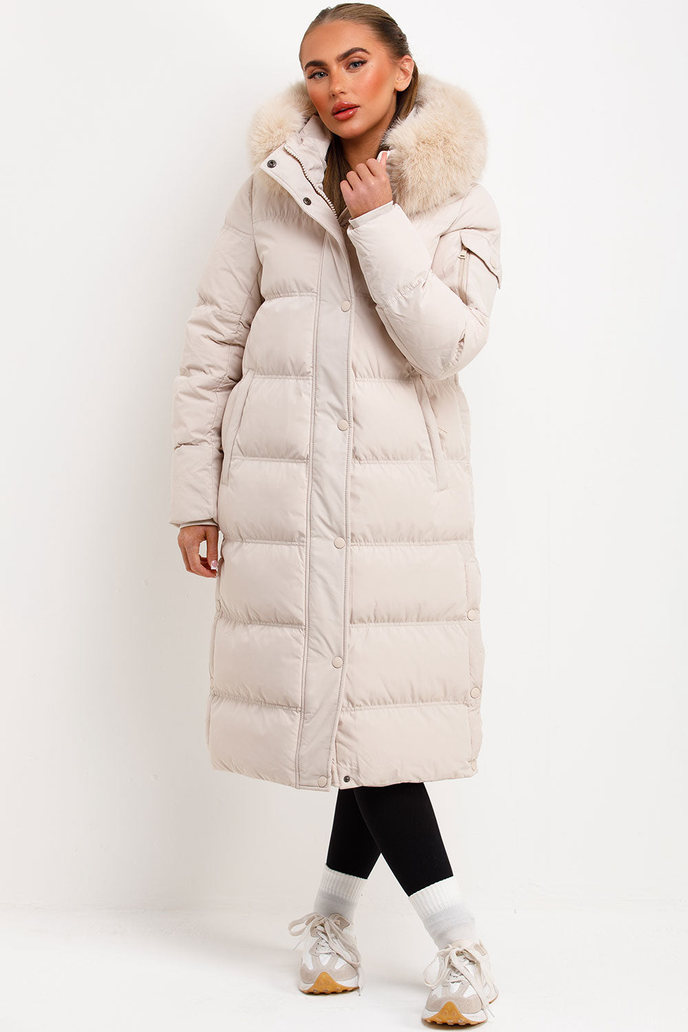 Long Puffer Coat With Fur Hood Beige