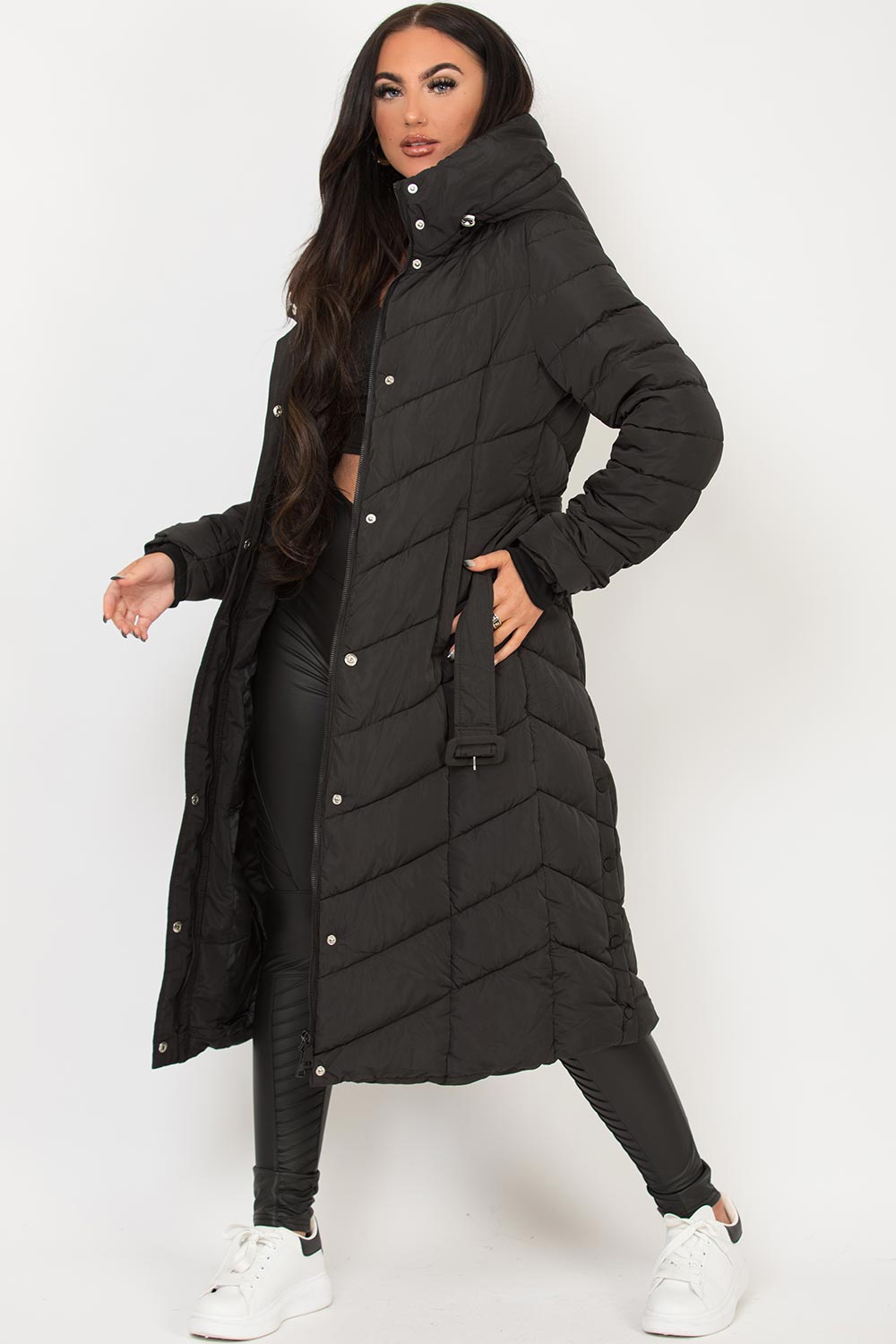 Long Padded Puffer Coat With Belt Black