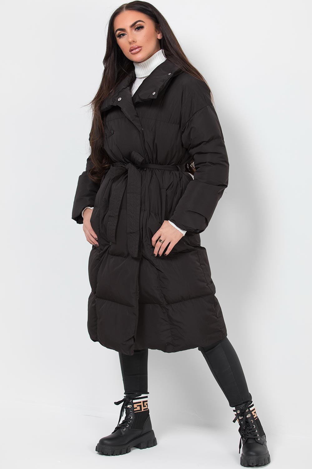 Long Duvet Puffer Coat With Waist Belt Black